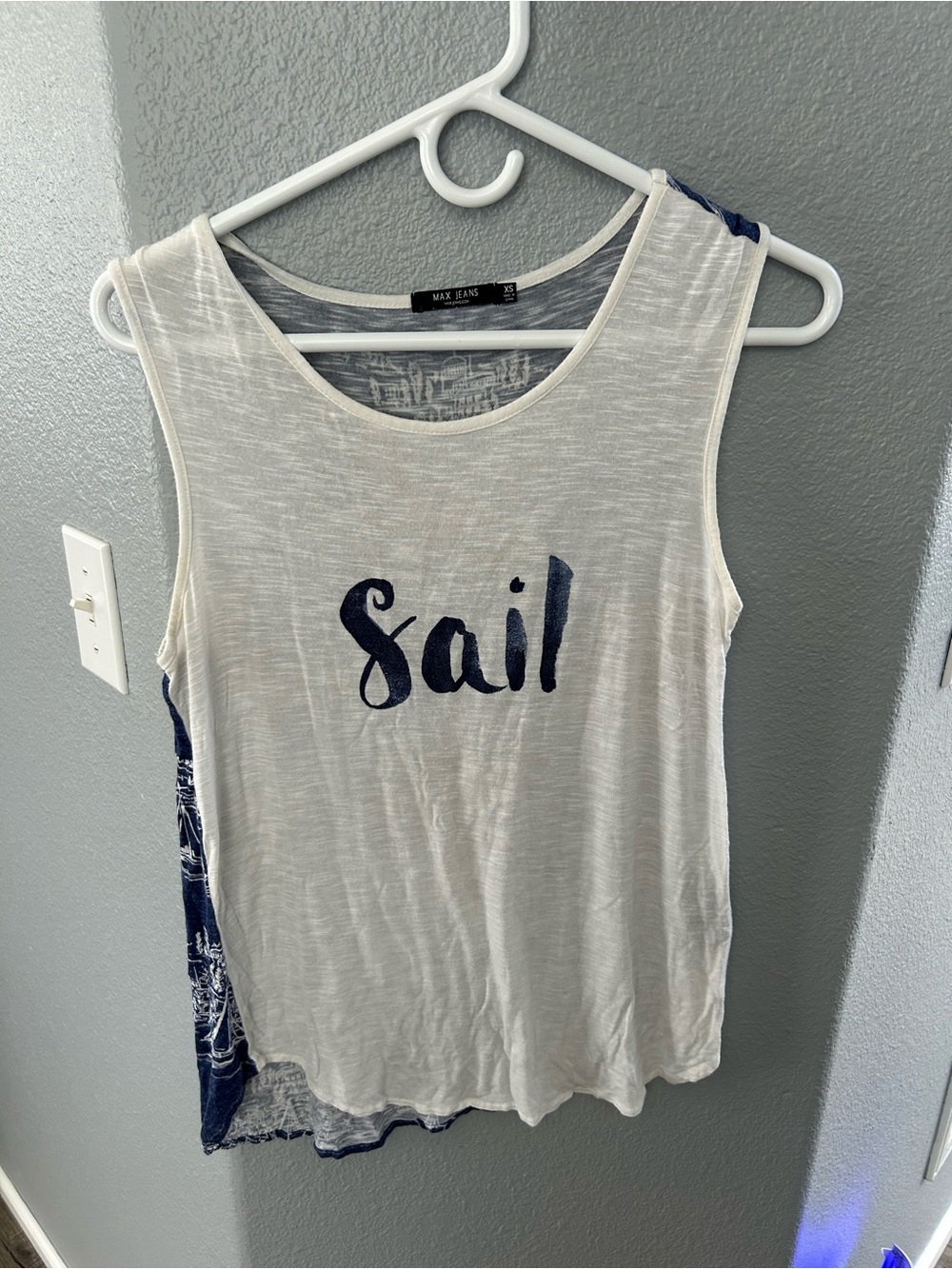 Max Jeans White Tank Top with Navy 'Sail' Graphic
